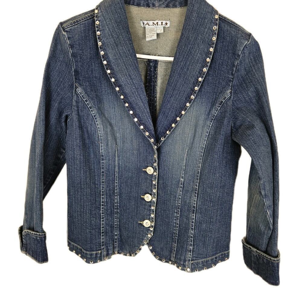 AMI Rhinstone Glam Fitted Button Denim Jacket PETITE SMALL Vintage 90s Swiftie